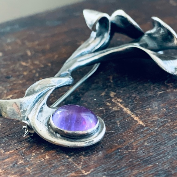 Vintage Sterling Silver Amethyst Calla Lily Floral Pin Brooch - Picture 3 of 13